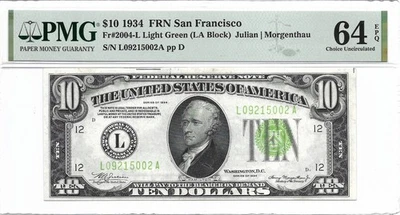 1934 $10 SAN FRANCISCO FRN. PMG Choice Uncirculated 64 EPQ Banknote. LIGHT GREEN - Image 1 of 2