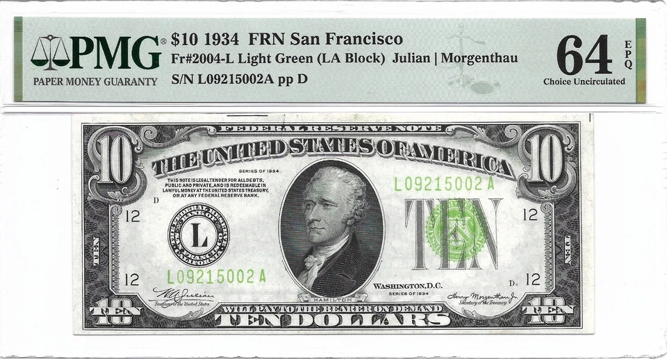 1934 $10 SAN FRANCISCO FRN. PMG Choice Uncirculated 64 EPQ Banknote. LIGHT GREEN - Image 1 of 2