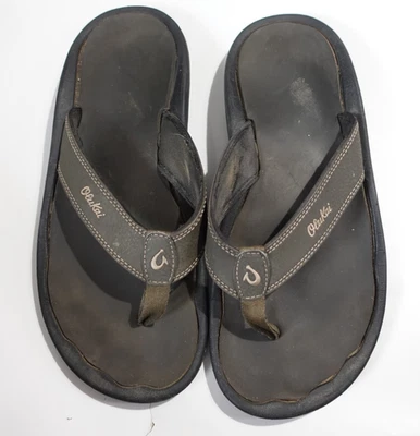 Sandálias Olukai Masculinas Tamanho 10 Cinza Flip Flop Casual Praia Couro Ao Ar Livre (Sujo) - Imagem 1 de 4