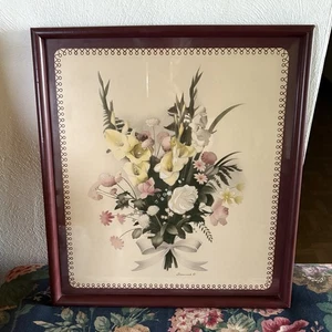 Vintage Floral Bouquet Print Bernard NYC FRetro Wall Art Mid-Century Maroon - Picture 1 of 9
