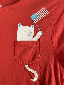 Lands End Girls 16 XL Pocket T shirt Red with White Cat and Flag - Picture 1 of 4