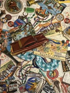 VINTAGE VOYAGE BY AIMEE STEWART RETRO USA TRAVEL POSTCARDS KAUFMAN FABRIC HY - Picture 1 of 10
