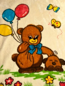 Manta bebé felpa visón vintage oso cachorro globos mariposas adorno dorado usada en excelente estado - Imagen 1 de 5