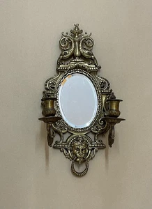 Antique Victorian Brass Oval Mirror Back Candle Wall Sconce C1880 - Picture 1 of 7