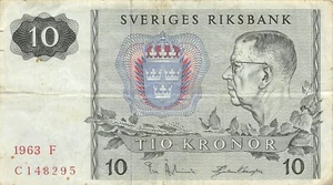 Sweden 10 Kronor 1963 F Series C Circulated Banknote Top9 - Picture 1 of 2