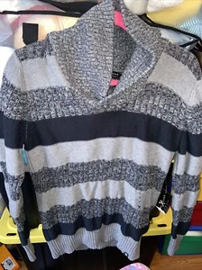 Marc Ecko Cut & Sew Shawl Pullover Sweater Black and Grey Striped Mens Medium - Picture 1 of 8