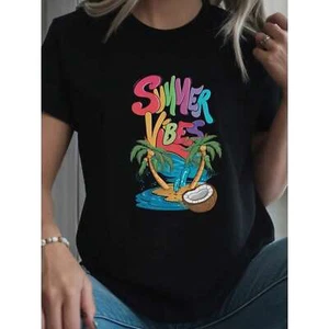 Ladies' Palm Tree and Coconut Pattern T-shirt, Soft Fabric Casual Short Sleeve - Picture 1 of 12