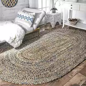 Oval Rug Natural Denim Jute Braided Style Handmade Carpet Rustic Look Area Rugs - Picture 1 of 4