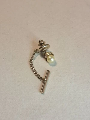 Vtg Faux Pearl Gold Tone Tie Tack Pin With Chain - Image 1 of 4