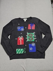 Alfred Dunner Sweater Womens Petite Medium Black Embroidered Christmas Presents - Picture 1 of 22