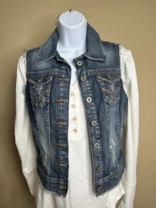 GUESS Distressed Embroidery Logo Hardware Raw Edge Denim Vest Womens sz Small - Picture 1 of 19