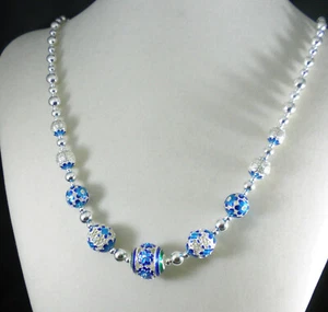 Ausgefallene & glatte abgestufte Silber Blau Grün Emaille Cloisonne Kugel Perlen Halskette - Bild 1 von 3