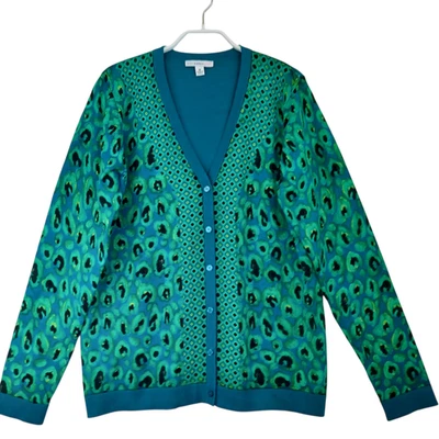 Cárdigan Isaac Mizrahi Mujer Estampado Animal Mediano Cuello en V Botón Delantero Azul Verde Foto 1 de 4