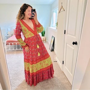 Anthropologie Raga Pink Green Floral Long Sleeve Boho Tassel Maxi Dress Sexy S - Picture 1 of 12
