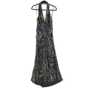 Tadashi Collection Dress Women's Size 6 Halter Style Gown Black Gold Printed - Picture 1 of 8