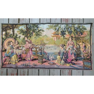 Vintage Wandteppich Asiatische Szene Gobelins Made in France Blau Rosa 46x24" Chinoiserie - Bild 1 von 15