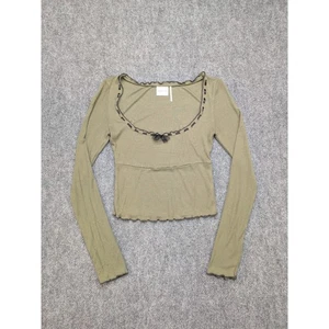 Out From Under Babydoll Top Long Sleeve Olive Green Lettuce Trim Bow Crop Medium - Picture 1 of 8