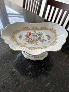 Porcelaine De France Cake Stand Vintage Pedestal Hand Painted Gold Floral - Picture 1 of 6