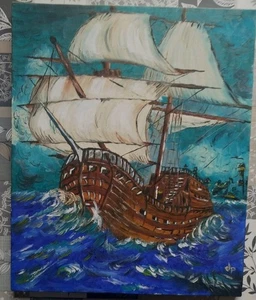 TABLEAU MARINE -PEINTURE HUILE-Galion dans la tempête-DECOOL Patrick-sur toile  - Picture 1 of 5