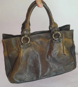 FALOR rare VTG genuine leather shine handbag ITALY made-Wavy Olive Green color - Picture 1 of 24