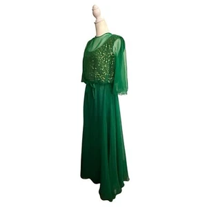Mike Benet Formals Gorgeous Vintage 70s Emerald Green Chiffon Long Dress Size 14 - Picture 1 of 11
