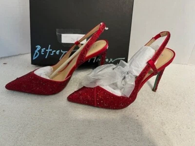 Shoes Betsey Johnson Clark Ruby Red Rhinestone Slingback Stilettos Heels Sz 8M - Image 1 of 4