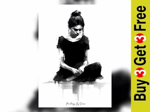 Nachdenklicher Trost, besinnlicher Tusche-Porträtdruck 5"x7" auf mattem Papier - Bild 1 von 6