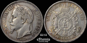 FRANCIA, Napoleone III, 5 Franchi 1868 A, Parigi, XF+ - Foto 1 di 6
