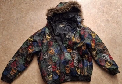 Chaqueta de cuero Legacy por todas partes calavera bordada piel capucha rara XXXL 3XL Foto 1 de 4