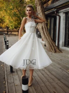 Schönes Knielang Brautkleid Hochzeitskleid 32-60 Träger Ivory Federn Rückenfrei - Bild 1 von 6