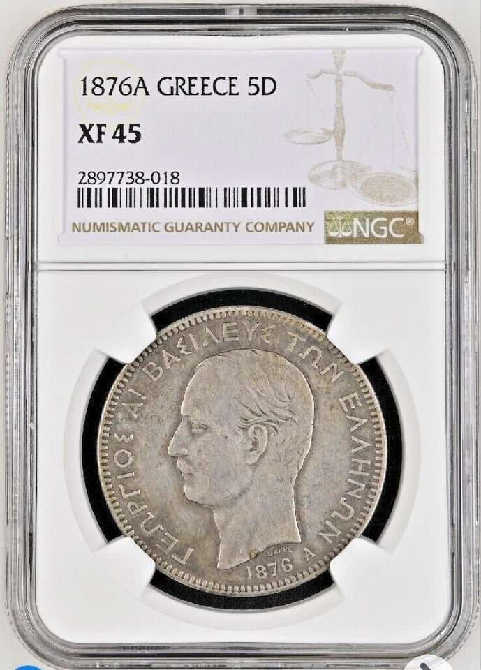 1876-A GREECE 5 Drachmai Silver Coin 2nd Portrait Paris Mint George I NGC XF-45 - Image 1 of 4