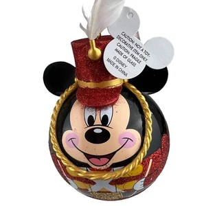 Disney Parks Red Nutcracker Mickey Mouse Glass Ball Ornament w. Tags - Picture 1 of 4