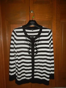 TALBOTS Womens Black/Off White Stripe Cotton Rayon Beaded Cardigan Sweater L $99 - Picture 1 of 11