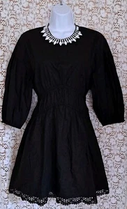 ZARA Little Black Dress L Mini Elastic Waist Cotton 3/4 Sleeve Lace Trim NWT - Picture 1 of 9