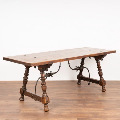 Antique Dining Table with Turned Legs and Scrolled Iron Stretcher from Spain cir Cover