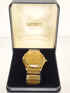 Seiko Gold Plated Wristwatch Day Date Quartz Bracelet Watch Vintage Original Box - Picture 1 of 23