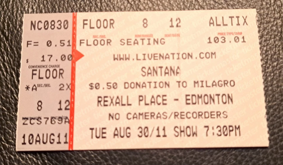 Santana - Rexall Place, Edmonton Concert Ticket Stub 2011 - Image 1 of 2