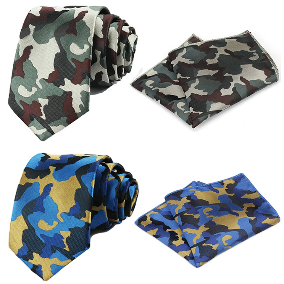 Juego de pañuelos cuadrados de bolsillo con corbata de camuflaje azul verde clásico para hombre  Foto 1 de 1