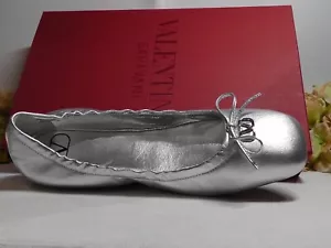 VALENTINO GARAVANI Cuero Metálico Plateado VLogo Puntera Cuadrada Ballet Planos Talla 41 - Imagen 1 de 17