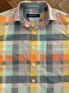Tommy Bahama Hemd Herren XS blau orange kariert Button Down Kurzarm Baumwolle 017 - Bild 1 von 8