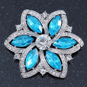 Cyan Blue/ Clear Glass Crystal Flower Brooch In Rhodium Plating - 53mm Across - Picture 1 of 4