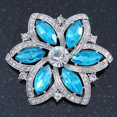 Broche de flor de cristal azul cian/vidrio transparente en chapado en rodio - 53 mm de ancho Foto 1 de 4