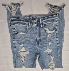 American Eagle Super Hi Rise Jegging Jeans Size 6 Short Blue Distressed Stretch - Picture 1 of 10