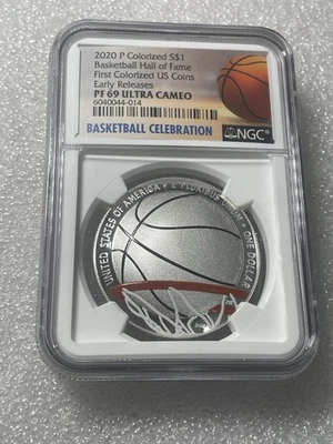 Moneda Commem de Plata Estados Unidos 2020-P Baloncesto Salón 1er Coloreada S$1 - NGC PF 69 UCAM Foto 1 de 4