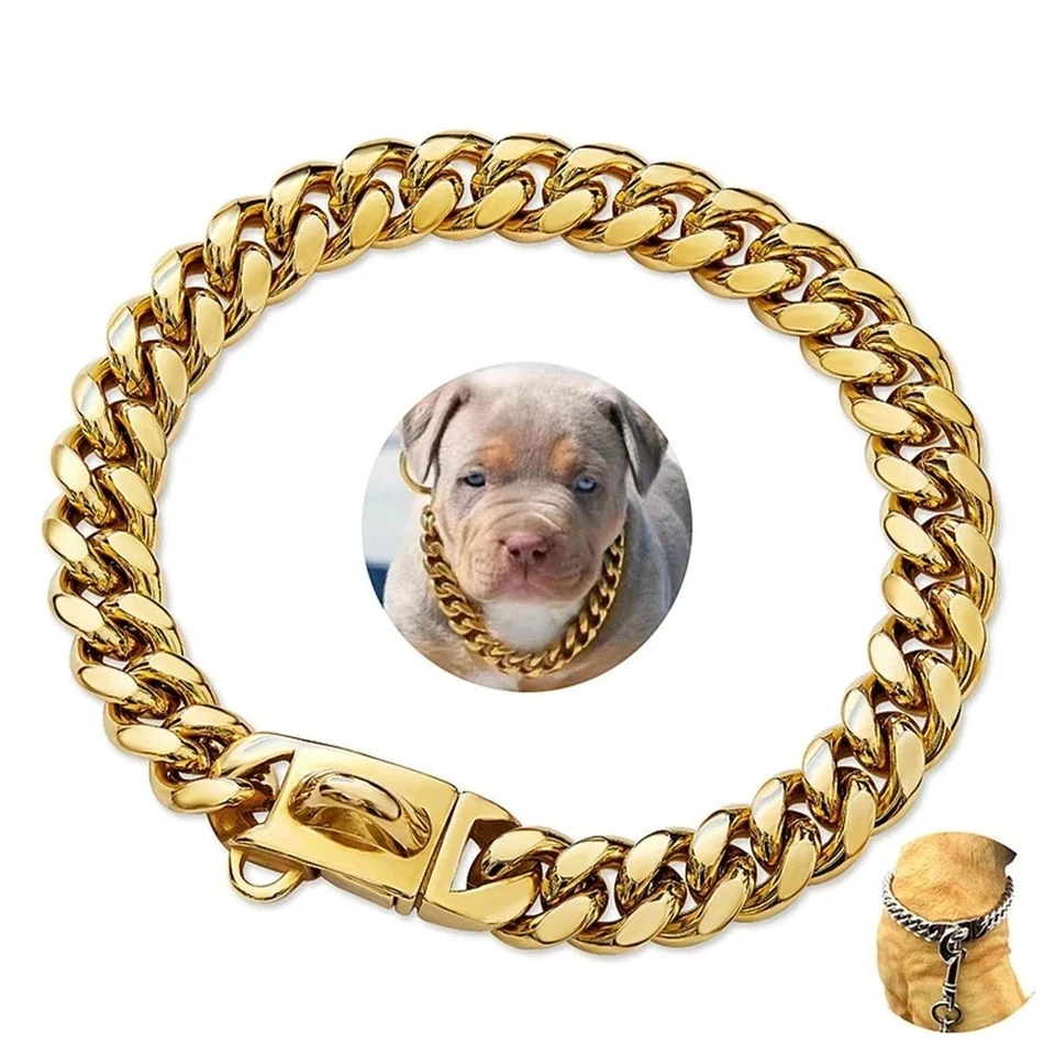 Collar de acero inoxidable para perro mascota chapado en oro eslabón cubano colgante de hueso 16" Foto 1 de 4