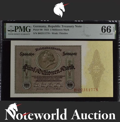Germany Republic Treasury Note 5 Millionen 1923 P 90 UNC PMG 66 EPQ 2nd TOP POP - Image 1 of 4