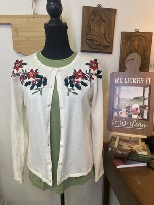 Cristal Kobe Navidad Suéter Cárdigan Abuela Chic Acebo Muérdago Cuentas PEQUEÑO Foto 1 de 4