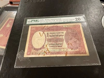 INDIA 50 RUPEES P# 9 D 1917-1930 Calcutta  SIGN. JB TAYLOR PMG 20 - Image 1 of 2