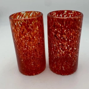 Hand Blown Studio Art Glass Tumbler / Candle Votive Pontil Marbled Red 6” Set - Picture 1 of 7
