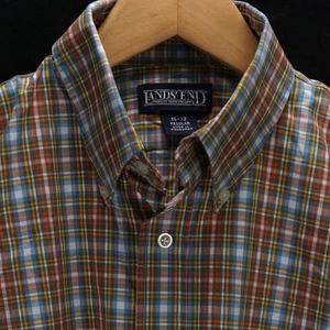 LANDS END LONG SLEEVE SHIRT BLUE OLIVE GREEN RED GOLD WHITE PLAID 15-32 M - Picture 1 of 6
